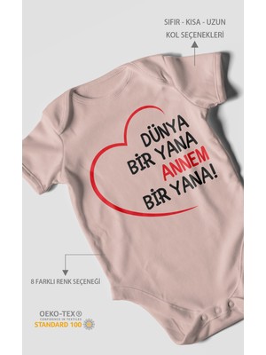 Morivo Kids Dünya Bir Yana Annem Bir Yana Kısa Kollu Bebek Body %100 Pamuk