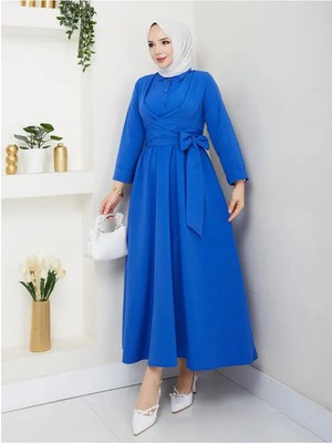 Exit Collection Kadın Tesettür Saks Mavisi Sabit Kuşaklı Modern Şık Uzun Gece Elbise Kıyafet