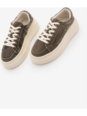 Marjin Kadın Sneaker Kalın Taban Denim Çıkarılabilir Boncuklu Tokalı Spor Ayakkabı Pevosa Kahve Kot