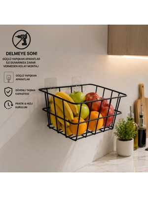Decorelax 21X21 cm Yapışkanlı Duvar Sepeti Tekli - Mutfak Banyo Çalışma Odası Düzenleyici Metal Sepet Siyah