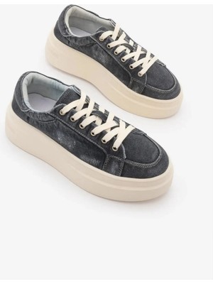 Marjin Kadın Sneaker Kalın Taban Denim Çıkarılabilir Boncuklu Tokalı Spor Ayakkabı Pevosa Siyah Kot