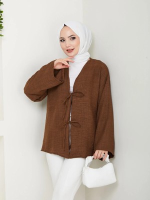 Exit Collection Sofya Keten Tesettür Kadın Gömlek Ip Bağlamalı Uzun Kollu