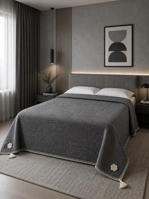 Türkühome Pamuklu Pike Yatak Örtüsü Püskül Detaylı ve Çoban Dikişli | 240 x 240 cm