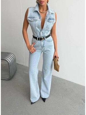 Herton Kadın Kolsuz Yüksek Bel Geniş Paça Denim Tulum