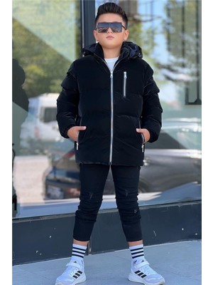 Pina Kids Erkek Çocuk Siyah Astarlı Çıkarılabilir Kapüşonlu Üç Cepli Nova Kumaş Kışlık Mont KM4015