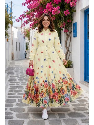 Harma Time Butik Kadın Düğmeli Çiçek Desenli Modal Sarı Elbise