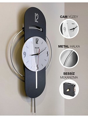 Nomikase Cam Yüzeyli Metal Halkalı Dekoratif Duvar Saati, Modern Tasarım