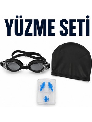 ByKurt Yüzme Seti Siyah Gözlük Bone Kulak Tıkacı Burun Klipsi 4 Parça