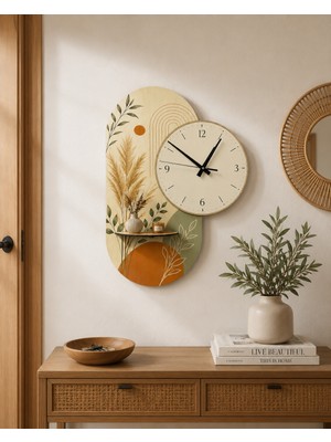 Karbonsoft Dekoratif Raflı Sessiz Duvar Saati 37,5 × 50 cm – Çift Kat Mdf Botanik Tasarım