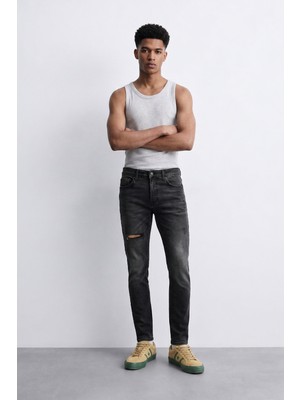 Blue White Erkek Slim Fit Yırtık Detay Antrasit Jean Pantolon