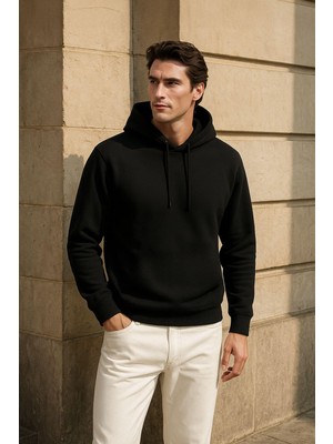 Markapia Man Erkek Kapüşonlu Içi Polarlı Siyah Sweatshirt