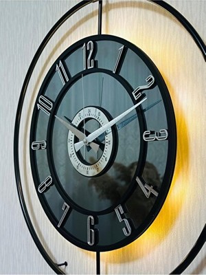 Nomikase Işıklı Metal ve Gerçek Cam Duvar Saati, Siyah Gümüş