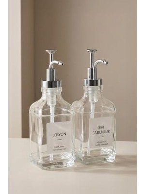 2’li Cam Sıvı Sabun ve Losyon Etiketli Gümüş Tıpalı Deterjan Şişesi Sabunluk 500 ml - 2112020-S C1-1-289