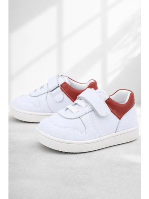 Rakerplus Bob Hakiki Deri Beyaz Nubuk Kırmızı Cırtlı Bebek Sneaker Ayakkabı