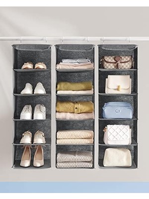 Shoplet Asma Düzenleyici, Dolap Düzenleyici, Asma Raf, Asma Depolama, Katlanabilir ve Yerden Tasarruf, Metal Kancalar ve Bambu Ekler, Keten Dokusu, Gri RYCH06G