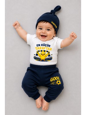 Babyden's %100 Pamuk Sarı Lacivert En Küçük Taraftar Bebek Takımı 3'lü Kısa Kol Body, Pantolon ve Şapkalı Yenidoğan Seti 0-9 Ay