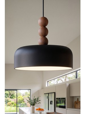 Marrien Marella Modern 3lü Ahşap Boncuk Detaylı Siyah Metal Sarkıt (30 cm)  Yemek Masası Üstü Avize  Mutfak & Salon Aydınlatması