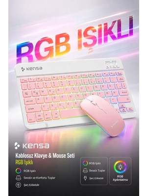 Kensa Tablet ve Bilgisayar Için Rgb LED Işıklı Taşınabilir Kablosuz Bluetooth Klavye ve Dongle'lı Mouse Seti