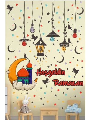 Kanvassepetinet Ramazan Renkli Fener Sarkıt Cam Duvar Dekorasyon Sticker Seti Ramazan Süsü Ramazan Sticker