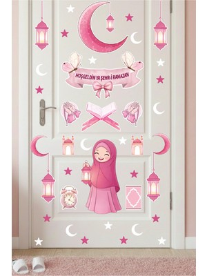 Kanvassepetinet Pembe Ramazan Süsleme Seti - Çocuk Odası Kapı ve Duvar Stickerı - Hoşgeldin Ya Şehr-I Ramazan