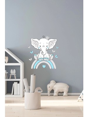 Kanvassepetinet Mavi Renk Sevimli Fil ve Gökkuşağı Duvar Sticker Seti