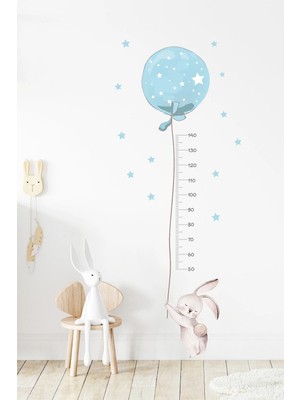 Kanvassepetinet Mavi Balonlu Tavşan Boy Ölçer Duvar Sticker Seti