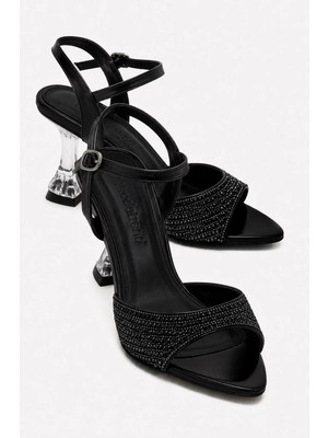 Ccway Taşlı Şeffaf Ökçe Topuklu Sandalet Siyah