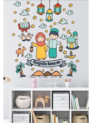 Kanvassepetinet Ramazan Ayı Temalı Süsleme Sticker Cami ve Ramazan Figürleri Cam Duvar Sticker Seti