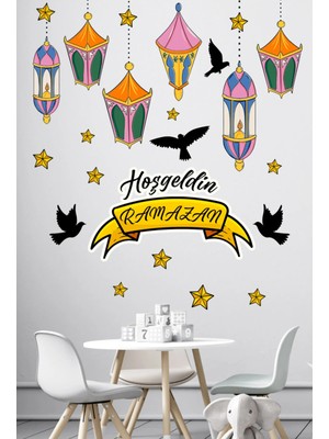 Kanvassepetinet Hoşgeldin Ramazan Renkli Fener Sarkıt Kuşlar Dekoratif Cam Duvar Sticker Seti