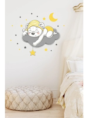 Kanvassepetinet Bulutta Uyuyan Sevimli Şapkalı Ayıcık Duvar Sticker Seti