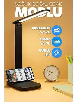 Şarjlı Masa Lambası 3 Renk Dokunmatik Telefon Standlı Kademeli Çalışma Okuma Işığı Lambası 9W (Siyah)
