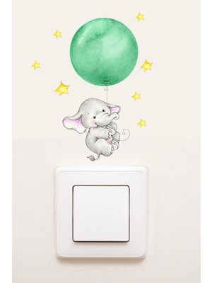 Kanvassepetinet Priz  Yeşil Balonlu Fil Dekoratif Priz Sticker