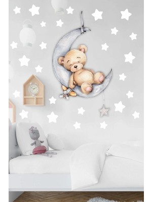 Kanvassepetinet Ayda Uyuyan Sevimli Ayıcık ve Beyaz Yıldızlar Çocuk Bebek Odası Sticker Seti