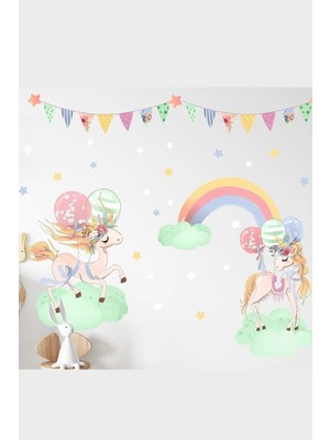 Kanvassepetinet Rengarenk Ikili Unicorn Duvar Sticker Seti