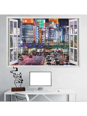 Kanvassepetinet Pencereden Şehir Manzaraları Full Hd Baskı 3D Modern Duvar Sticker