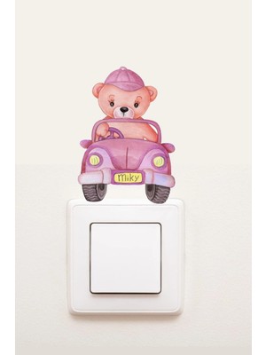 Kanvassepetinet Priz  Pembe Arabalı Ayıcık Çocuk Odası Dekoratif Priz Sticker