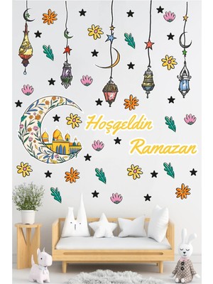 Kanvassepetinet Hoşgeldin Ramazan Çocuk Odası Duvar Sticker Seti - Kandil, Ay ve Yıldız Çıkartmaları Ramazan Sticker