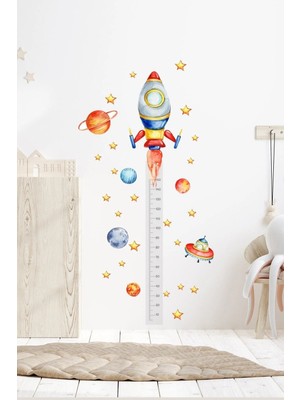 Kanvassepetinet Boy Ölçer Uzay Roket Temalı Çocuk Odası Duvar Dekorasyon Sticker Seti