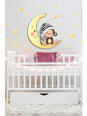 Kanvassepetinet Sarı Ay Üzerinde Uyuyan Şapkalı Maymun ve Yıldızlar Çocuk Odası Duvar Sticker