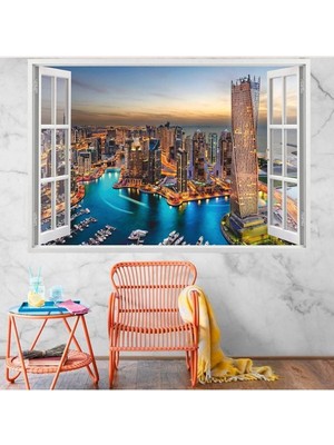 Kanvassepetinet Pencereden Şehir Manzaraları Full Hd Baskı 3D Modern Duvar Sticker
