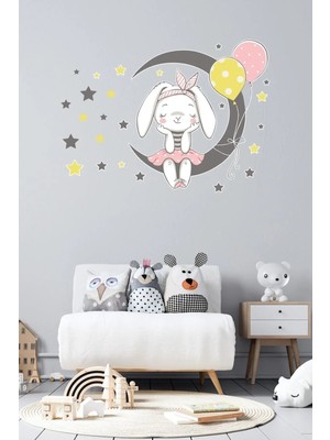 Kanvassepetinet Ay Üzerinde Oturan Sevimli Tavşan Duvar Sticker