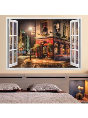 Kanvassepetinet Pencereden Şehir Manzaraları Full Hd Baskı 3D Modern Duvar Sticker