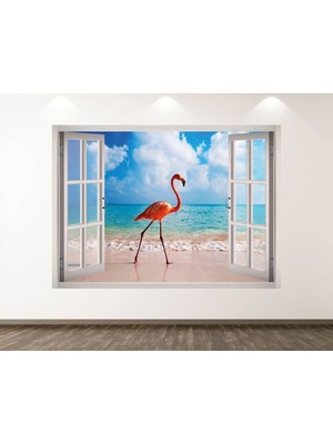 Kanvassepetinet Flamingo Sahili Full Hd Baskı 3D Pencere Modern Duvar Sticker