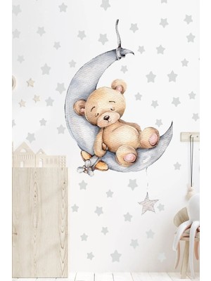 Kanvassepetinet Ayda Uyuyan Sevimli Ayıcık ve Gri Yıldızlar Çocuk Bebek Odası Sticker Seti