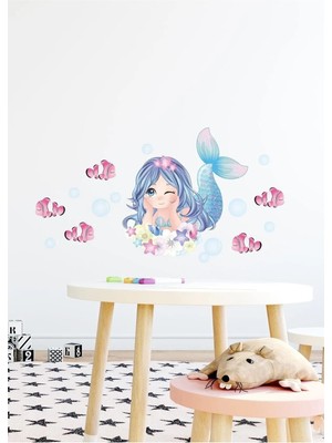 Kanvassepetinet Mavi Saçlı Deniz Kızı ve Balıklar Duvar Sticker Seti