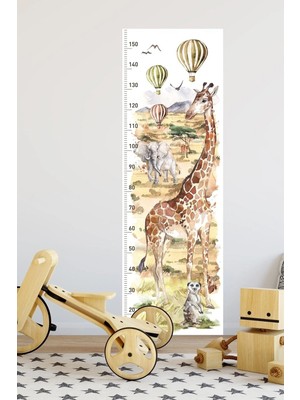 Kanvassepetinet Suluboya Tarz Afrika Hayvanları Safari Hava Balonu Boy Ölçer Çocuk Odası Duvar Sticker