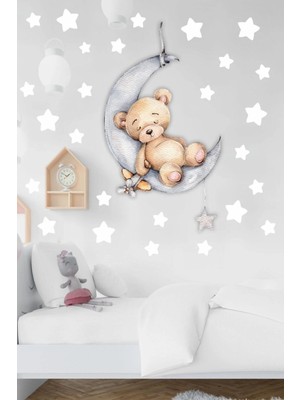Kanvassepetinet Ayda Uyuyan Sevimli Ayıcık ve Beyaz Yıldızlar Çocuk Bebek Odası Sticker Seti
