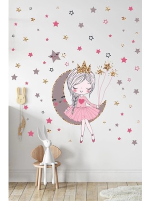 Kanvassepetinet Ayda Oturan Sevimli Kız Çocuk Odası Duvar Sticker Seti