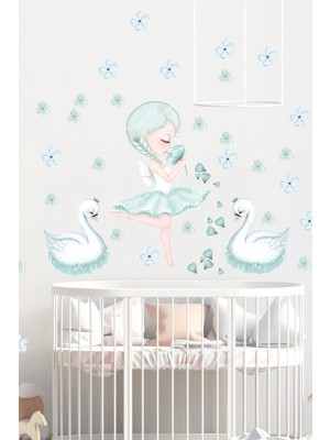 Kanvassepetinet Mint Yeşili Sim Perisi ve Kuğular Duvar Sticker Seti