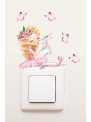 Kanvassepetinet Priz  Tavşan ve Balerin Pembe Kelebekler Dekoratif Priz Sticker
